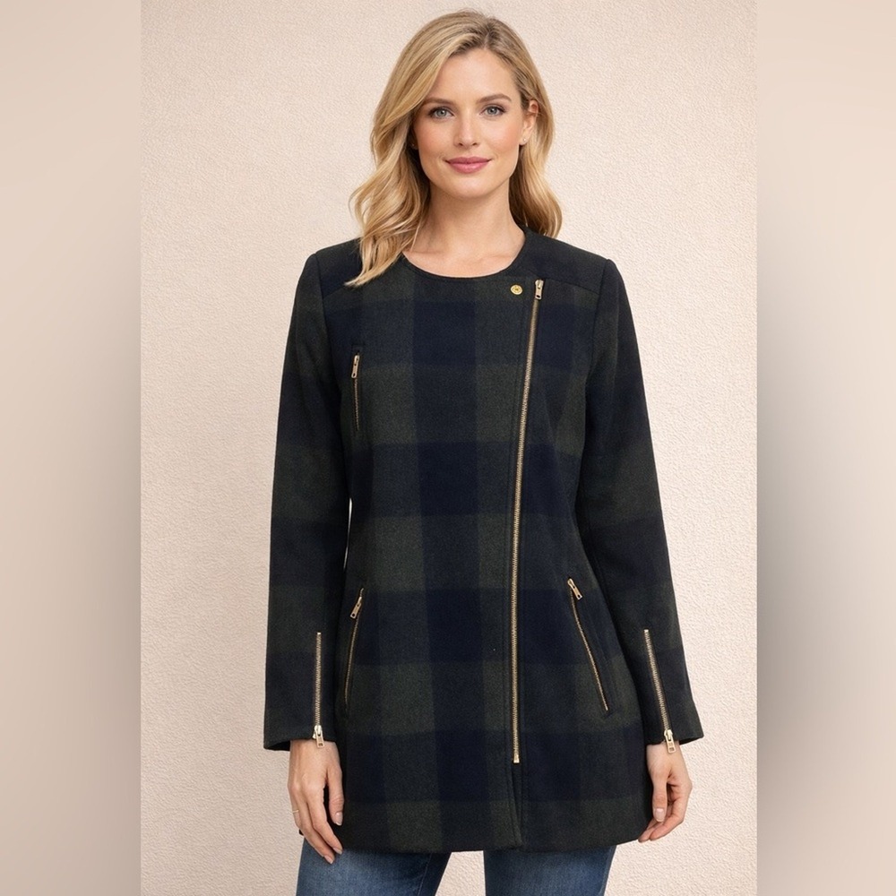 Forever 21 Blackwatch Plaid Coat Gold Zip Moto Jacket Women's Fall Winter